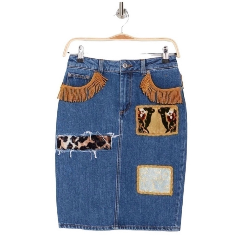 Jeremy Scott Fringe Patch Denim Pencil Abstract Skirt Size 4 Made in Italy NEW